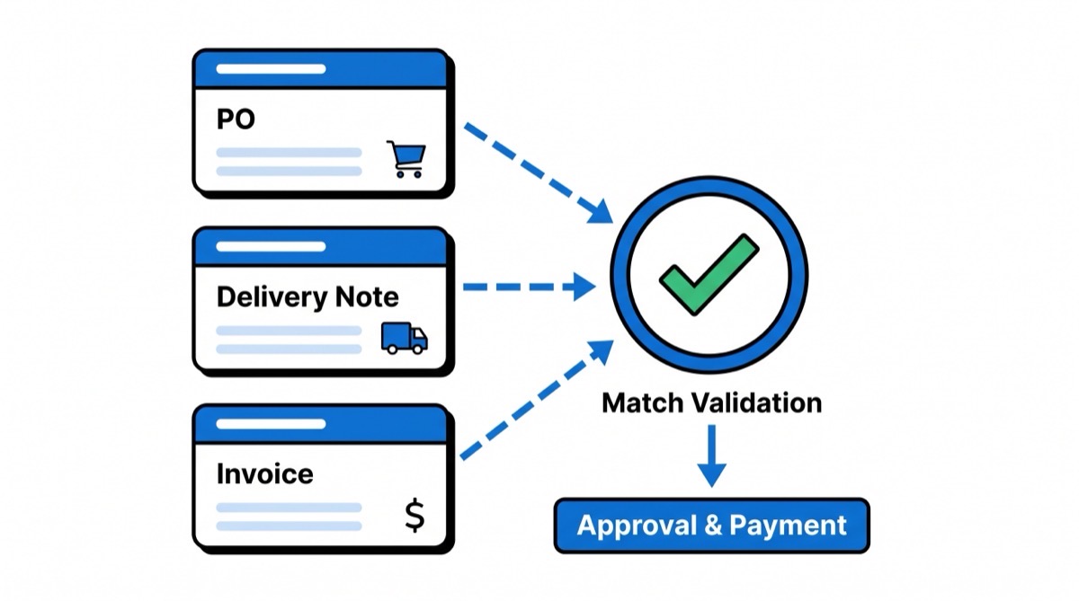 Diagrama del flujo three-way matching: PO, albaran y factura convergen en validacion y pago aprobado